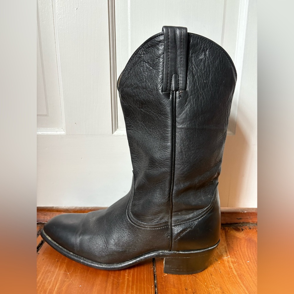 FRYE Vintage Black Pull-On Leather Cowboy Boots, Size 14 D - wide calves - Picture 5 of 12